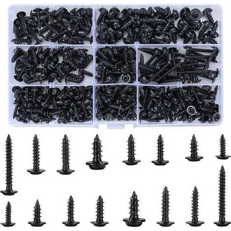 Lot de 350 Vis Autotaraudeuses en Acier Carbone Noir – Têtes Rondes et Plates, Cruciformes – 8 Tailles pour Bois et Métal – Boîte de Rangement en Plastique (1/5)