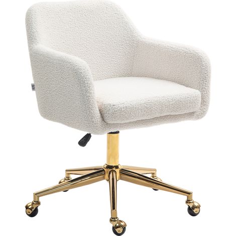 Chaise de bureau à hauteur réglable avec roulettes, revêtement aspect velours, piètement en métal, blanc crème