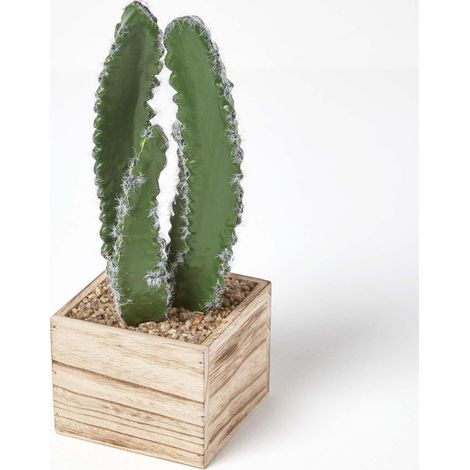 HOMESCAPES Artificial Cactus Plant In Wooden Pot, 33 cm Tall