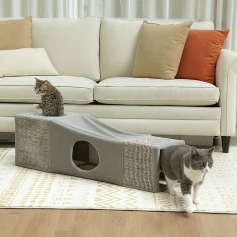 Katzentunnel, jouet pour chat avec balle de jeu, grotte pour chat, tunnel pliable en sisal, design combiné, brun + gris, 98 x 30 x 30 cm (1/5)