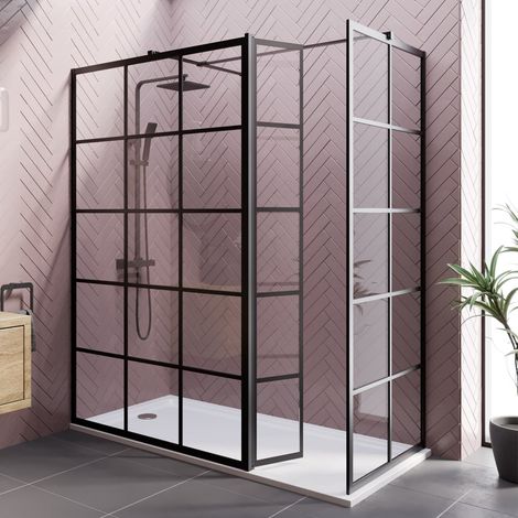 Aquari Grid Wet Room Screen Walk In Shower Enclosure Matt Black 1200mm & 800mm with 300mm Hinged Return Panel 8mm Toughened Glass (1/5)