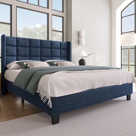 Lit 1 Place 140x200cm avec Tête Capitonné,Lit Adulte avec Sommier à Lattes,Tissu de Lin,pour Enfant Adolescent et Adulte,sans Matelas (Bleu, 90x200)