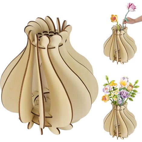 Holzvase für Lego-Blumen – 1 Stück – Lindenholz natur – 3D-Puzzle-Ständer – Dekoration für Zuhause und Büro – 16,5 x 18 cm (1/5)