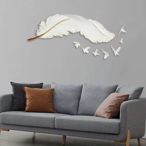 Grande décoration murale en forme de plume, moderne, simple, avec 7 oiseaux volants, en résine légère et structurée, décoration esthétique pour la maison, la chambre à coucher, le couloir, le salon
