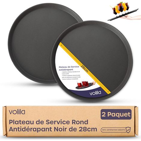 2 - Plateau De Service - Plateau Rond - Surface Antidérapante - Pour Café Et Boissons - Usage Bar Restaurant Maison - Noir - 28x2cm (1/5)