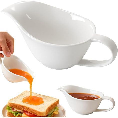 Bol à sauce en porcelaine : 20 × 20 × 14 cm, bol à sauce en céramique, récipient à sauce émaillée en porcelaine, avec poignée pour table à manger, crème, bouillon de lait (blanc) (1/5)