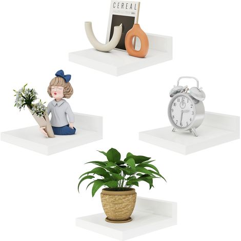Petite Étagère Flottante, Étagère Murale en Bois, Lot de 4, Présentoirs, Étagère Suspendue pour Chambre, Salle de Bain, Cuisine, Blanc (1/5)