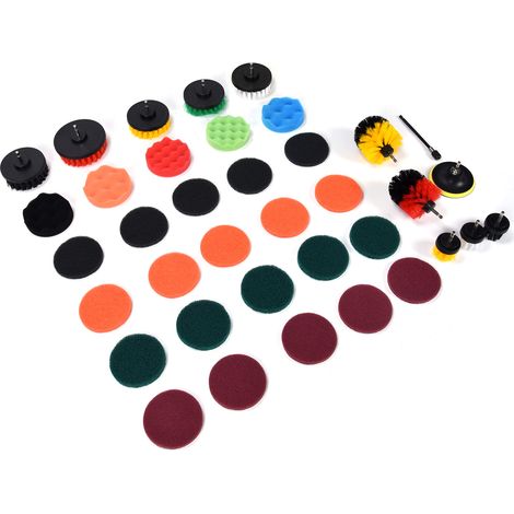 Lot de 37 brosses de perceuse, tampons à récurer et éponges, accessoires de nettoyage polyvalents pour polir et récurer la maison. (1/5)