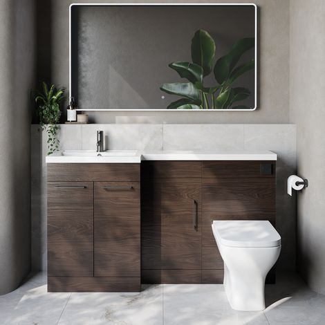 Napoli 390 Brown Oak 1500mm 3 Door Vanity Unit Toilet Suite with Left Hand Square Lucia Basin - 1500mm - Gunmetal Grey 160mm HandleWith Kingston Toilet Pan and Seat