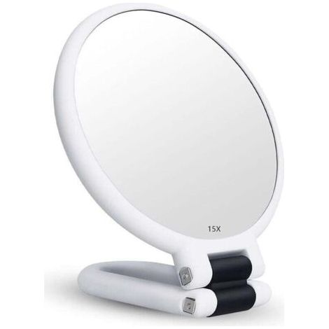 Espejo plegable de doble cara con aumento de 15x y asa, espejo de maquillaje de mano, espejo de paleta de peluquería, espejo plegable para diversos detalles de maquillaje (plateado)