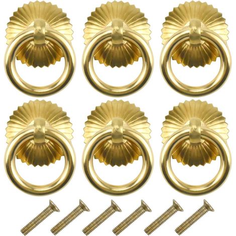 6 pcs Poignee de Meuble Vintage, Tiroir Bague Poignée de Traction, Poignées de Tirage Antique, Bouton de Meuble pour Cuisine Armoire Placard Commode Porte (Laiton)
