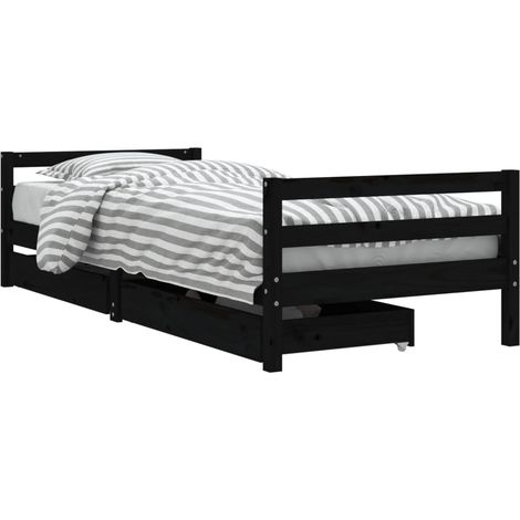 Lit simple Cadre de lit enfant tiroirs noir 80x200 cm bois de pin massif