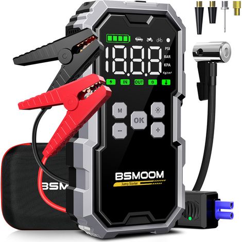 Compresseur de Gonflage Portable 12V – Pompe à Air Électrique pour Pneus Voiture, avec Boosteur de Batterie Intégré 7000A, Compatible Essence/Diesel jusqu'à 10L, Lampe LED