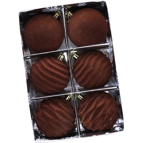 6-teiliges Set aus samtig-beflockten, bruchsicheren Weihnachtsbaumschmuck-Anhängern in Geschenkbox, braun (1/5)