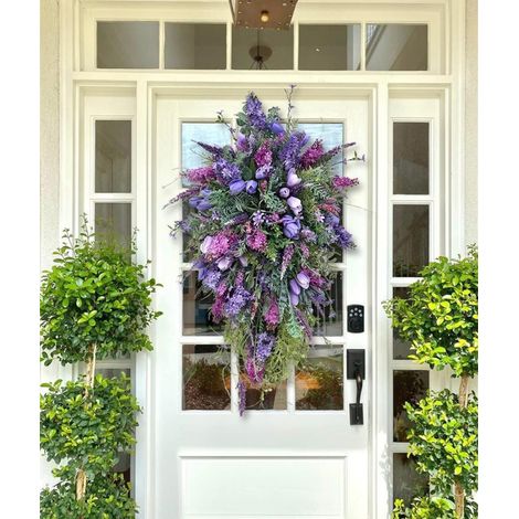 Couronne de Porte en Forme de Goutte avec Lavande, Tulipes et Papillon, Couronne Artificielle Printemps Été pour Porte d'Entrée, Salon et Décoration Murale (1/5)