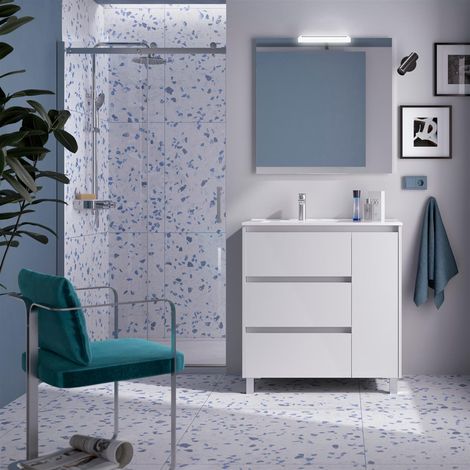 Ensemble complet Noja 850 3 tiroirs et 1 porte droite BLANC BRILLANT + lavabo + miroir + lampe (1/3)