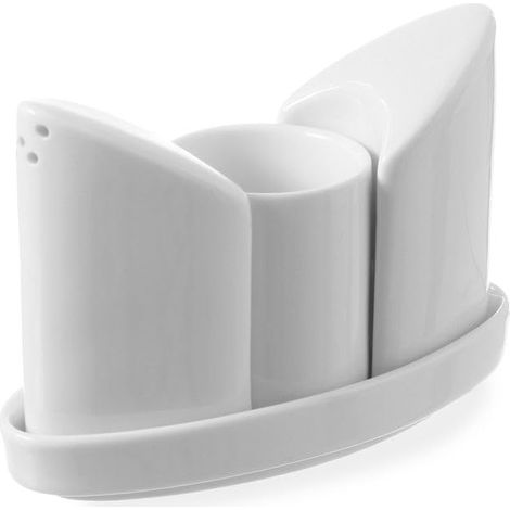 Set Salière, Poivrière et Porte-cure-dents avec Plateau en Porcelaine Blanche, Ensemble de 4 Pièces, Outils de Cuisine pour Servir le Sel, le Poivre et les Cure-dents, 125x54x(H)90mm (1/2)