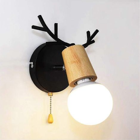 Applique murale en bois de forme de cerf de conception nordique moderne avec interrupteur tirette (Noir) (1/5)