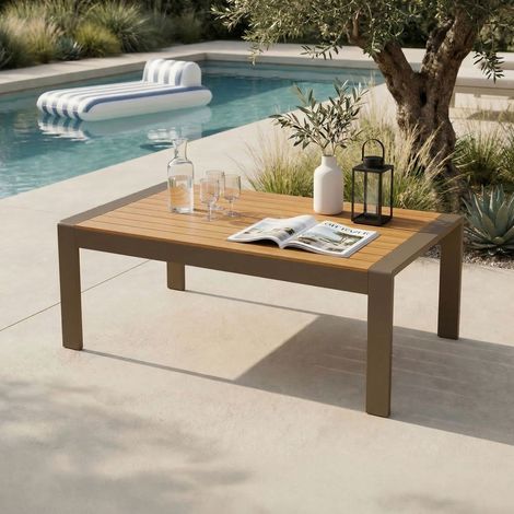 Table basse de jardin 96x60x41 cm en aluminium taupe et bois