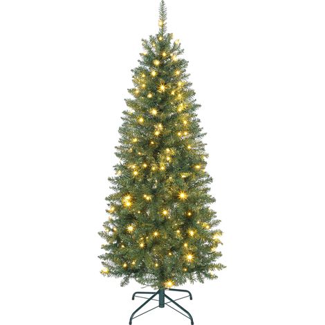 Künstlicher Weihnachtsbaum, 150 cm, schlanker Baum mit 170 LEDs, 635 Zweigen, klappbarem Metallfuß, grün (1/5)