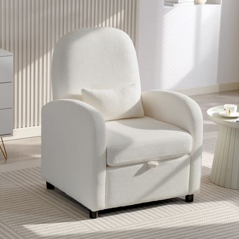 Sillón moderno con espacio de almacenamiento retráctil y cojín, tapizado de felpa tipo peluche, 76x77x95 cm, color crema. (1/5)