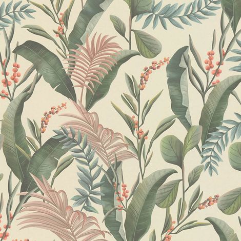 Papel pintado floral Profhome 394361 papel pintado vinílico estampado en caliente tejido non tejido ligeramente texturado con ornamentos florales mate crema verde beige rosa 5,33 m2