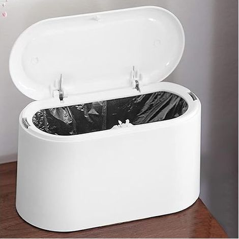 Blanc , Petite Poubelle de Table avec Couvercle à Bouton-Poussoir Poubelle de Bureau Blanche Mini Poubelle de Table Plastique Poubelle de Table Cuisine Portable pour Coiffeuse, Chambre, Comptoir (1/5)