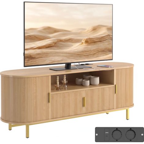 Homcom – Meuble TV 140 x 40 x 55 cm – 84 pouces – 2 prises secteur et USB – Design chêne – 2 portes battantes et coulissantes (1/5)