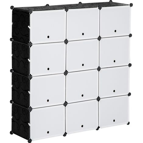 Étagère modulable avec 12 cubes de rangement et portes, plastique et acier, noir et blanc, 125 x 32 x 125 cm (1/5)