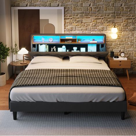Lit double rembourré 140x200 cm gris, bois massif et métal, tête de lit avec rangement et LED, sommier à lattes (1/5)
