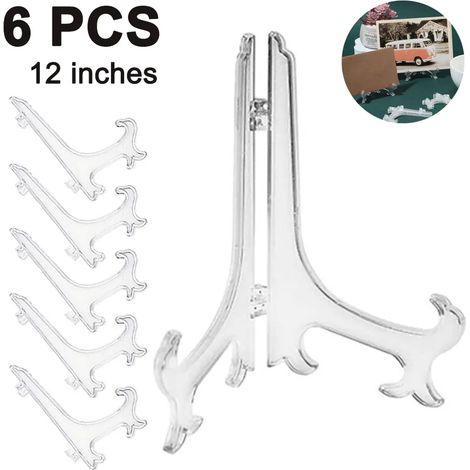 Lot de 6 chevalets en plastique transparents pour assiettes, tableaux, livres, tablettes et œuvres d'art. Support trépied inclus.