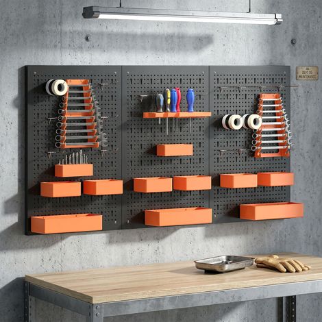 Organisateur mural d'outils 33 pièces, 120 x 60 cm, avec crochets, bacs et étagères, noir et orange (1/5)