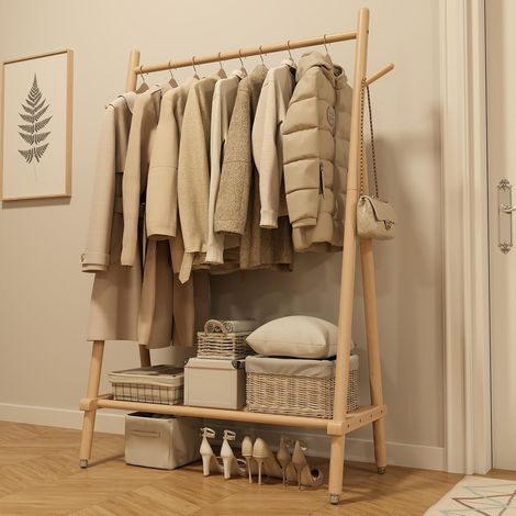 Portant à Vêtements avec Roulettes, Tringle pour Charge Lourde, Porte-manteau en Bois, 43 x 100 x 157 cm, avec Support pour Support à Chaussures, pour Chambre, Salon (Naturel) (1/5)