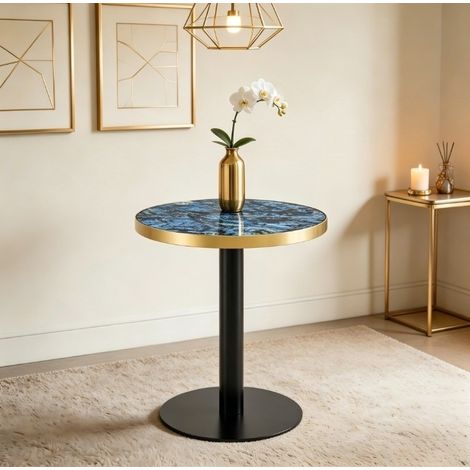Mesa de centro redonda de 60 cm, efecto mármol azul, estructura de metal negro y dorado HAVRYA (1/5)