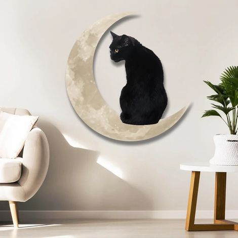 Décoration murale en métal représentant un chat noir sur la lune. Cadeau idéal pour la maison ou pour offrir. (1/5)
