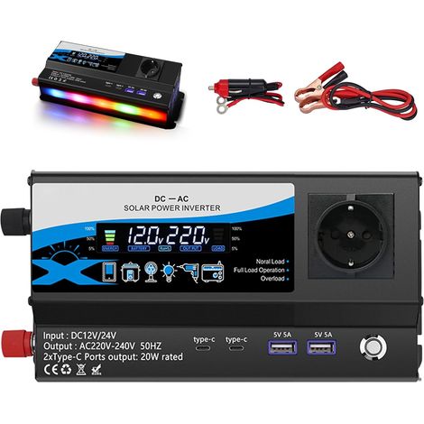 12V/24V auf 220V 1200W Wechselrichter, Kfz-Stromversorgung mit 2 AC-Steckdosen 2 USB- und 2 Typ-C-Anschlüssen, Zigarettenanzünderbuchse und LED-Anzeige, für Wohnmobile und Camping (1/5)