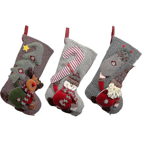 Chaussettes de Noël Jinxiu, chaussettes de Noël en tissu faites main, décorations de 48 cm de long, sac cadeau décoratif de Noël, 3 couleurs (gris + beige) (1/5)