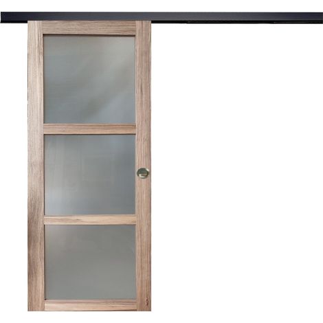 Porta scorrevole in legno Frake con vetro H204 x L73 cm, binario a bandeau nero, conchiglie Gd Menuiseries