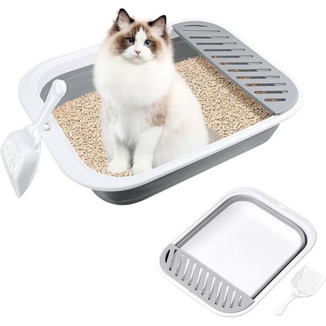 Reise-Katzentoilette, 45 x 34 x 12,5 cm, kleine graue Katzenstreu, zu öffnen, wasserdichte Katzentoilette (1/4)