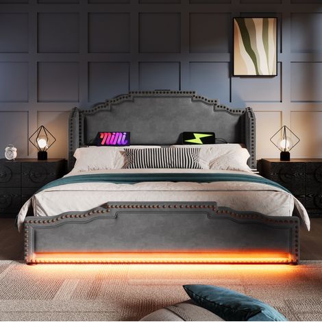 Cama doble tapizada con 4 cajones LED y carga USB gris OKMYHOME (1/5)