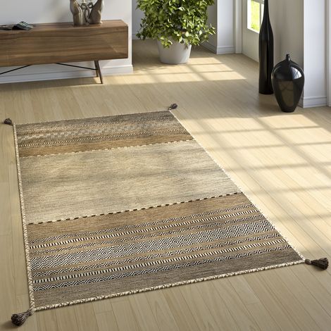 Paco Home Designer Teppich Webteppich Kelim Handgewebt 100% Baumwolle Modern Gemustert Beige 60x110 cm (1/5)
