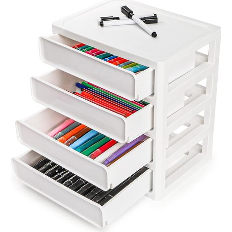 4-stöckiger Schreibtisch-Schubladenorganizer aus Kunststoff Kleine Aufbewahrungsbox für Arbeitsplatte, Kosmetik, Schreibwaren, Bastelbedarf, Homeoffice, Badezimmer, Weiß (1/5)