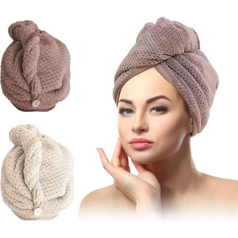 Serviette Cheveux - Microfibre - Super Absorbante - Design avec Bouton - Lot de 2 (1/4)
