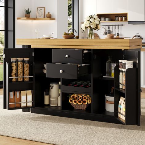 Îlot de cuisine extensible 120-197 cm avec plan de travail pivotant 360°, rangement vin & étagères apéritif, portes aimantées, blanc/noir, charge max 60 kg (1/5)