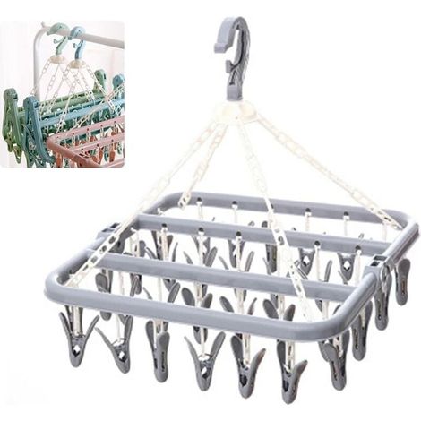 Étendoir à linge pliable d'intérieur avec 32 pinces à linge en plastique pour chaussettes, sous-vêtements et vêtements (taille unique, gris) (1/5)