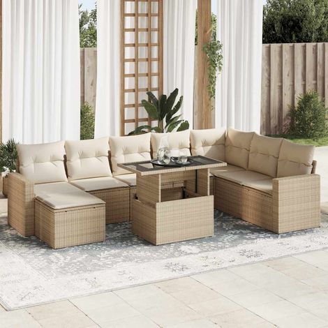 Canapé Jardin 9 Places Résine Tressée Beige avec Table et Coussins Détachables - Ensemble Salon Extérieur Modulable avec Rangement (1/5)
