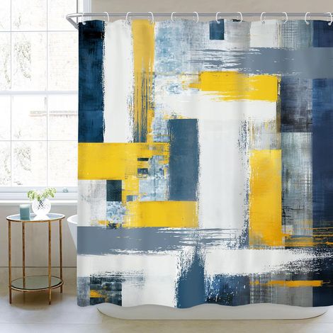 Rideau de douche abstrait 152,4 cm x 182,9 cm moderne géométrique minimaliste bleu marine jaune simple contemporain ensemble de rideau de douche pour salle de bain pour hommes garçons (1/5)