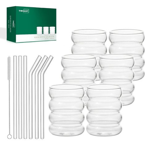Gerippte Cocktailgläser 350ml 6er Set mit Glasstrohhalmen und Bürste (1/5)