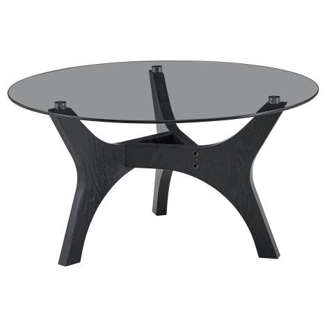 Table basse ronde à plateau en verre, cadre en bois noir robuste résistant aux rayures et à la chaleur, Ø80cm, design moderne pour salon, bureau et salon de repos (1/5)