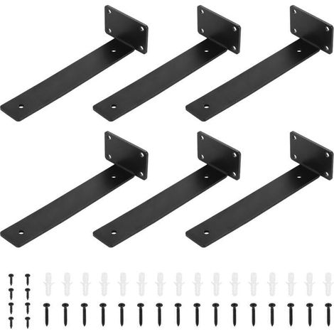 Lot de 6 supports d'étagère robustes en métal noir, supports d'étagère muraux pour étagères ouvertes, support DIY (1/4)